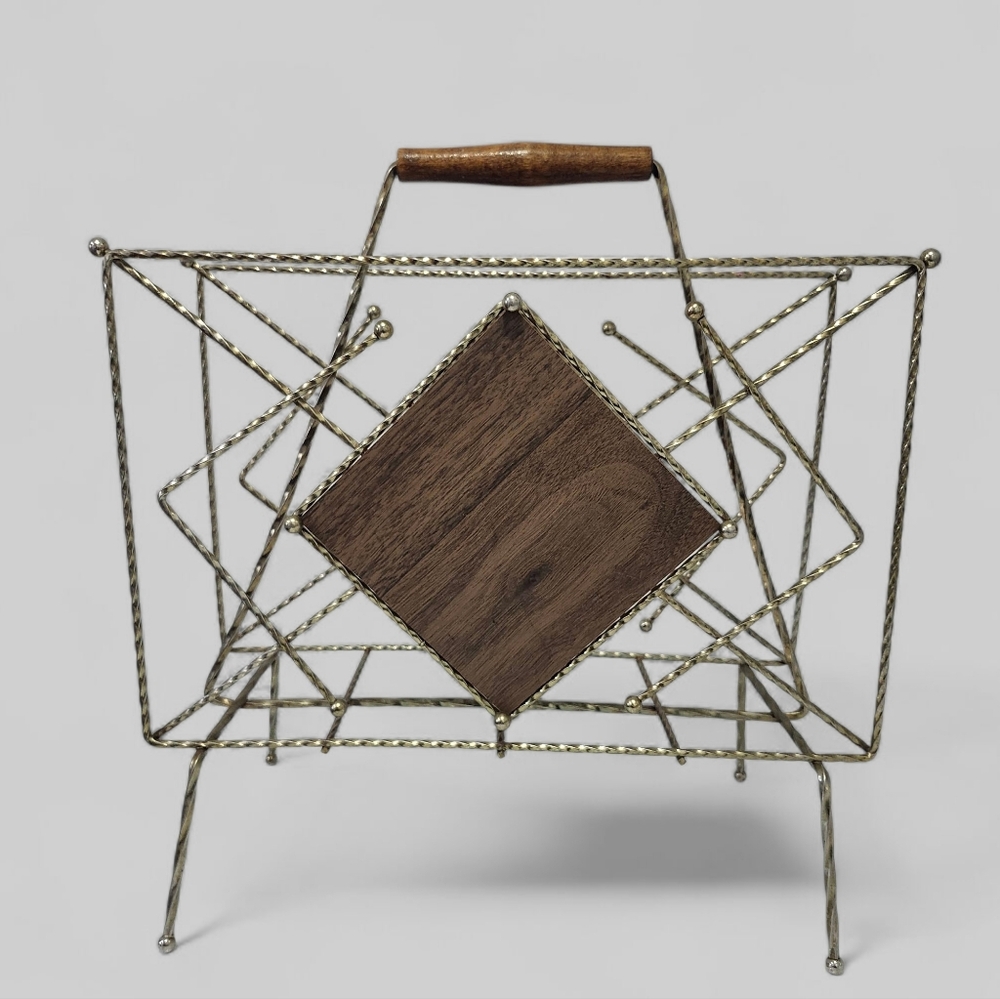 Vintage Atomic Brass Magazine Rack: Mid Century Modern Record Magazine Storage